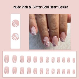 ANDGING Press on Nails, 24Pcs Nude Pink Square Short Acrylic False Nails with Glitter Gold Heart Design, Reusable Stick on Nails for Women, Manicure