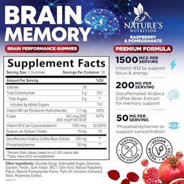 Nature's Nutrition Suplementos cerebrales para la memoria y la concentración en gomitas - Claridad cerebral con vitamina B6, B12 y fosfatidilserina - 