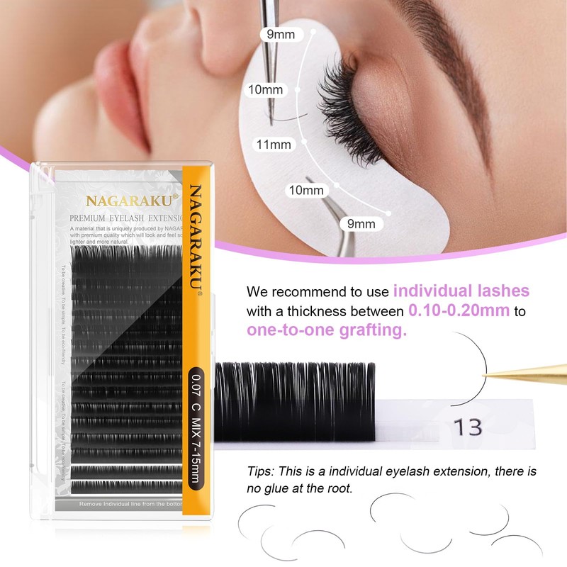 NAGARAKU Eyelash Extensions Individual Lashes 0.10mm D curl 7-15mm Mix