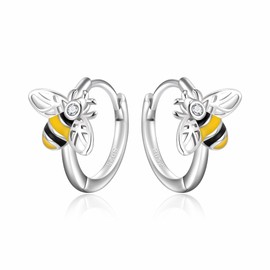 EleQueen Dainty Gold Enamel Bumble Bee Hoop Earrings Cubic Zirconia Earrings for Women, Cubic Zirconia Honey Bee Earrings White Gold-Tone