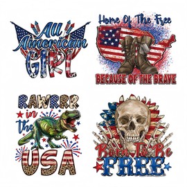 4 Pcs 4th of July Iron On Patches for Clothing Independence Day Iron on Transfers USA Flag Map Skull Dinosaur Shoe Iron on Decals for Clothes T-Shirts Jackets DIY Heat Transfer Decals Patriotic Decor