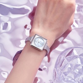 LANZOOM Women's Quartz Watch,Blue Nacre Dial,Square Watch with Elegant Bracelet Strap