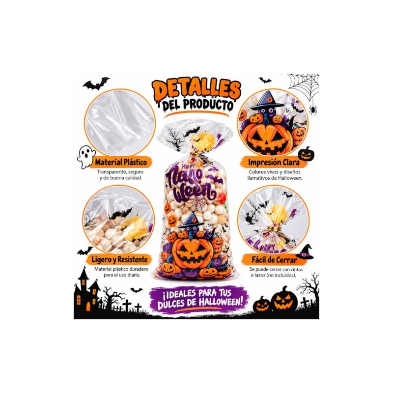 Yarratech 100 Piezas Bolsas de Dulces de Halloween, Bolsitas de