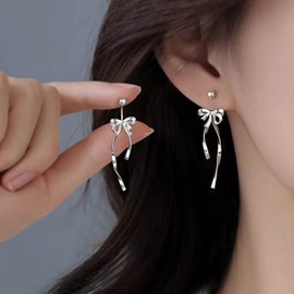 Yheakne Vintage Bow Ribbon Ear Jacket Earrings Silver Bow Ribbon Tassel Earrings Tiny Ball Half Hoop Earrings Bowknot Drop Earrings Jewelry for Women