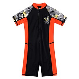 M2C Boys One Piece Water Sport Short Swimsuit UPF 50+ Rash Guard Tropical Black 7-8