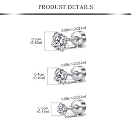 ‌AVYRING 20g Silver Flat Back Stud Earrings with CZ Hypoallergenic Stainless Steel Helix Cartilage Second Hole Earrings Studs for Women Men All Day Comfort