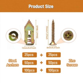 Self Drilling Drywall Anchors with Screws Kit, Premium Zinc Plated Steel Hollow Wall Anchors and Screws for Fixing TV, Cabinet, Curtains, 0.47"x1.18" Anchor & 0.31"x1.37" Screws (100pcs)