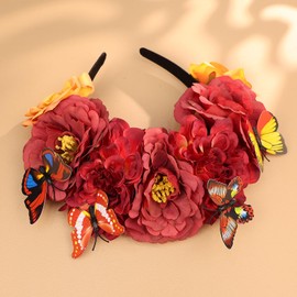 Yheahin Mexican Rose Flower Crown Headband for Women Butterfly Floral Headpiece Day of The Dead Headband Cosplay Party Costume Flower Hair Accessories (Butterfly 2- red, Elastic)