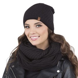 Vivisence Stylish Women's Winter Set Including Warm Knitted Hat and Matching Snood Scarf Made from Soft and Warm Fabric Ideal for Cold Winter and Autumn Weather, Black,UNI