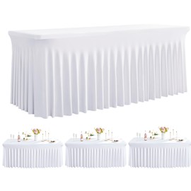 Outpain White Spandex Table Clothes for 8 Foot Rectangle Tables-3Pack 8FT Spandex Fitted Table Cover, Wrinkle Free Tablecloths with Skirt for Parties, Wedding, Birthday, Banquet, Festival