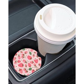 2PCS Boho Ceramic Watercolor Strawberry Car Coasters for Cup Holders, Farmhouse Fruit Car Accessories for Women Men, Cute Fun Car Decor