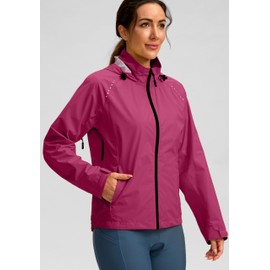 Bikewa Women's Cycling Rain Jackets Waterproof Windbreaker Lightweight Running Windproof Reflective Jacket Packable Hooded(Rose Red,XL)