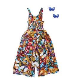 Flenwgo Mono bohemio con volantes en la cintura y pierna ancha, para verano, con tirantes de espagueti, vestido floral de playa con collar, Butterfly flower, 4-5T