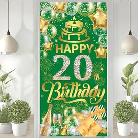Green and Gold Happy 20th Birthday Backdrop Banner,3FTx6FT Green Birthday Backdrop Sign, Happy Birthday Banner, Birthday Party Supplies Photo Background for Children Men Women.