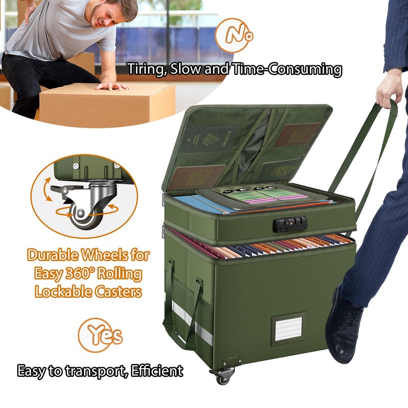 DocSafe File Box with Lock,2-Layer Fireproof Document Box with Wheels,Collapsible