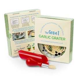 Garlic Grater Plate Set with Brush and Peeler.(#Ref 1). Handmade and Hand Painted in Cordoba, Spain. Yellow with Green Rim. Olive and Flower Pattern.