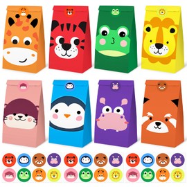 JOHOUSE 24 Pack Animal Party Favor Bags with Stickers, 4.7"x 3.1"x 8.7" Paper Goodie Treat Bags for Kids Birthdays, Bulk Gift Packaging Supplies, Candy Snack Party Decorations