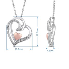 Jewelili Sterling Silver and 10K Rose Gold Natural White Round Diamond Accent Double Heart Shape Pendant Necklace, 18" Rope Chain
