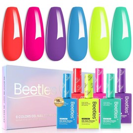 Beetles Gel Nail Polish Set Hema Free, 6 Colors 15ML Pastel Blue Yellow Pink Gel Polish Soak off Uv Led Lamp Baby Blue Yellow Purple Decorations Nail Art Colorful Bottle Spring Manicure Easter's Gift for Women - Color: 6 Colors Neon Bubbles