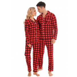 SWOMOG Couples Christmas Pajamas Set Women & Men Long Sleeve Pj Set Party Holiday Sleepwear Button-Down Loungewear Set womens Red With Black Grid Medium
