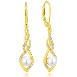 YL Infinity Twisted Earrings for Women, Solid Sterling Silver 18K White Gold Plated Birthstone Dangle Leverback Jewelry, Sterling Silver, Pearl