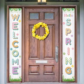 Hello Welcome Spring Happy Easter Theme Porch Sign Hanging Banner for Front Porch Door Home Indoor Outdoor Decoration