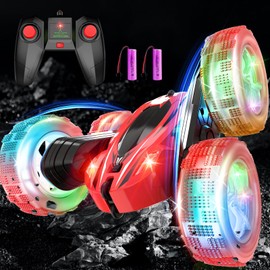 Remote Control Car, RC Cars Stunt Car Toys for Kids, 2.4Ghz High Speed Double-Sided 360°Rotating Toy Cars with Headlights and Wheel Lights, Christmas Birthday Gifts for Boys Girls Age 6-12（Red）