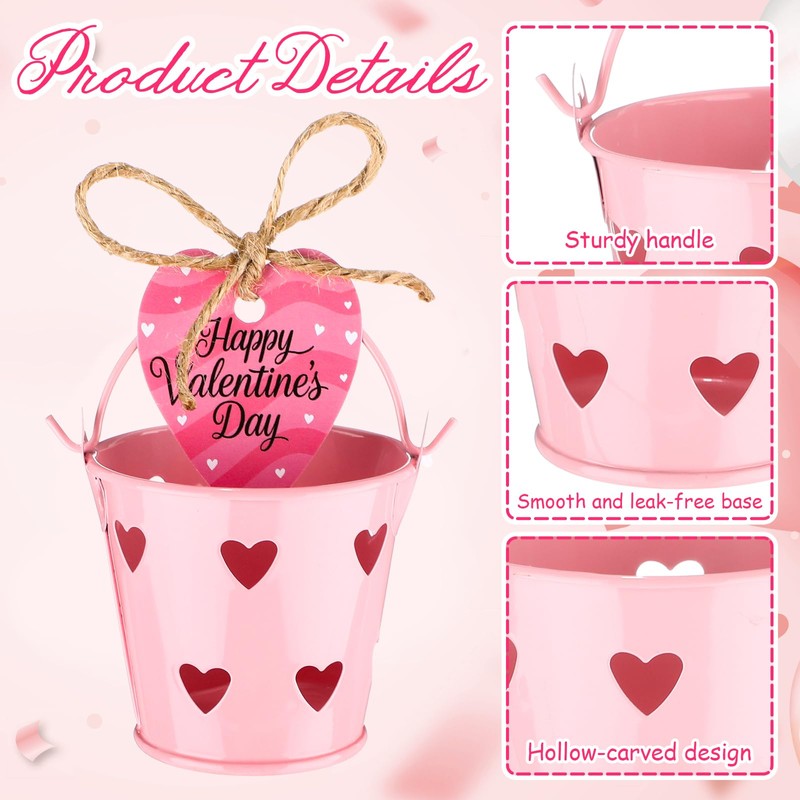 24 Pcs Mini Pink Valentine Buckets with Handle 2.36 Inch