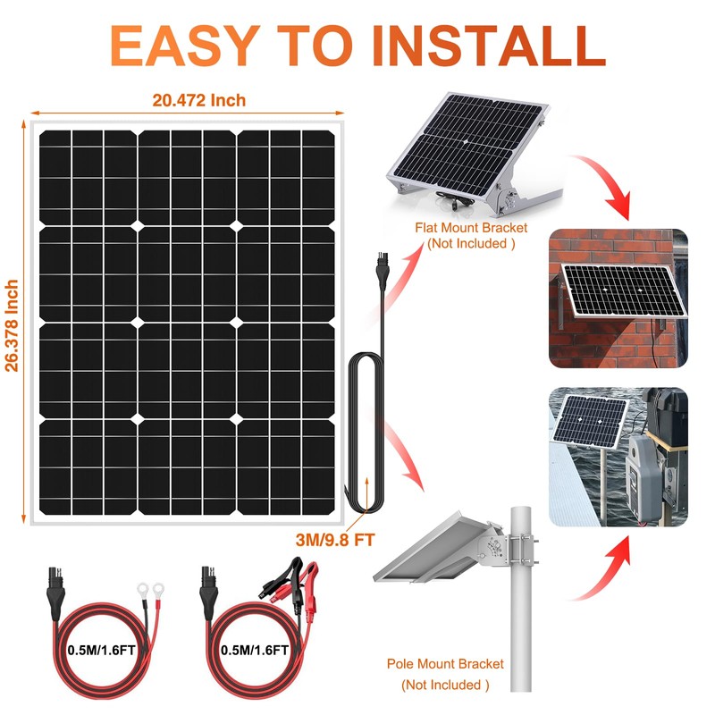SUNER POWER 24V 50W Solar Battery Charger Maintainer, Built-in Ultra