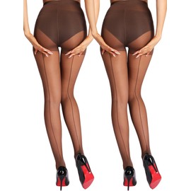 HONENNA Backseam Sheer Tights for Women 2 Pairs High Waist Patterned Cuban Heel Pantyhose With Control Top