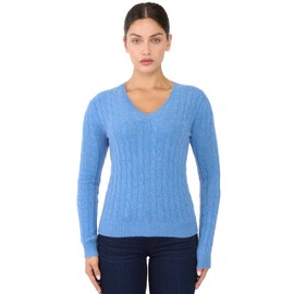 JENNIE LIU Women's 100% Cashmere Cable-Knit Long Sleeve Pullover V Neck Sweater (Ocean Heather, Medium)
