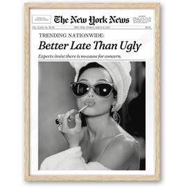 iHery Better Late Than Ugly Natural OAK Wood Audrey Hepburn Newspaper Trendy Framed Wall Art, Large 16x20 in Vintage Headline Canvas Bedroom Wall Decor, Set of 1 Bathroom Girly Dorm Living Room