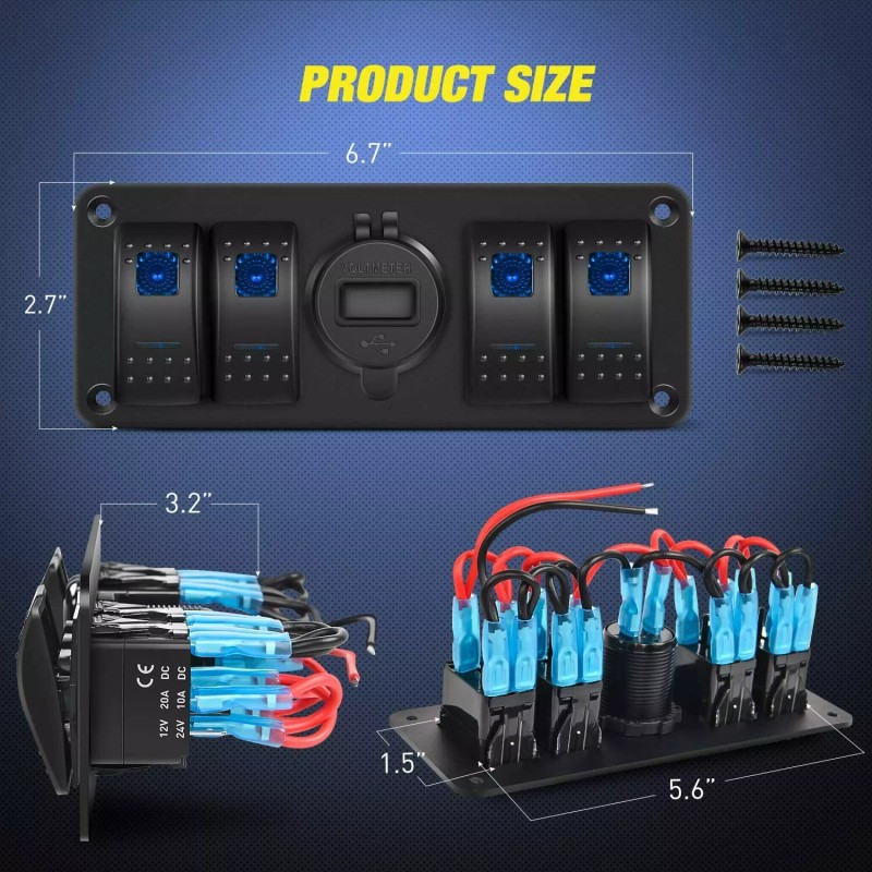 Nilight 4 Gang Rocker Switch Panel QC3.0 Dual USB Charger
