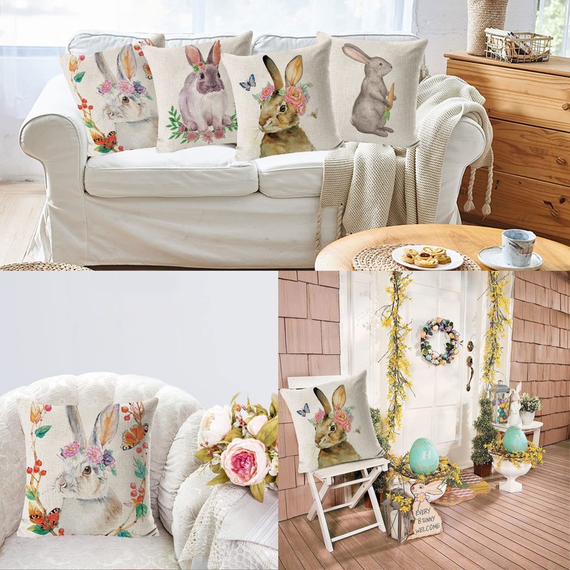 Pack of 4 Easter Cushion Covers, Easter Bunny Element Styles,