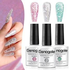 Gsnagole Glitter Gel Nail Polish Set Sparkly 3 Colors Silver Pink Green Gel Polish Kit Soak Off UV Manicure Art DIY Salon Home Holiday Gift for Women (BJJ-Silver-Pink-Green)