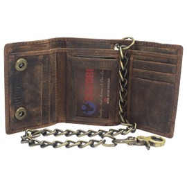 Men's RFID Blocking Trifold Vintage Leather Biker Chain Wallet With Snap Closure (Brown)