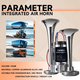 FARBIN Air Horn 24v Train Horn Truck Horn with Compressor 24v Airhorns Horn Loud Dual Trumpet Chrome Plating for Any 24V Vehicles