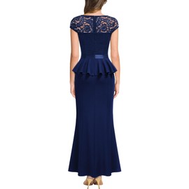 MISSMAY Women's Elegant V-Neck Lace Peplumed Ruffle Split Bridesmaids Party Gown Formal Maxi Dress (XX-Large, Navy Blue)