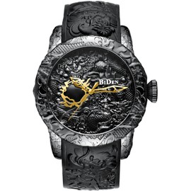 Quartz Watch for Men Fashion 3D Engraved Dragon Waterproof Big dial Sport Wristwatch (Quartz Black)