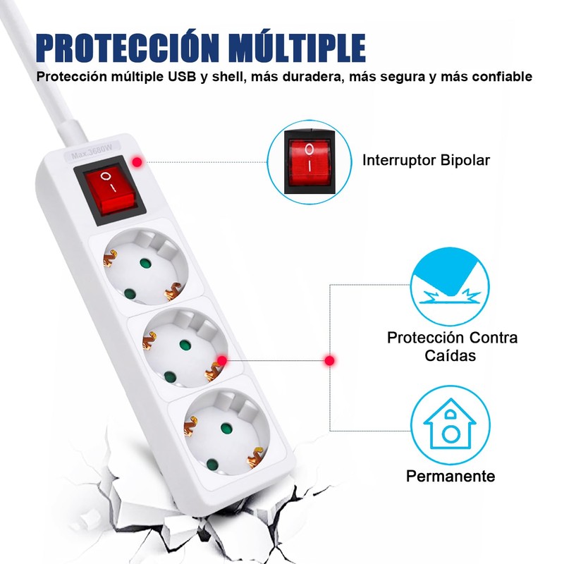 EXTRASTAR 1 Pack 3 Outlet Power Strip with Switch Cable