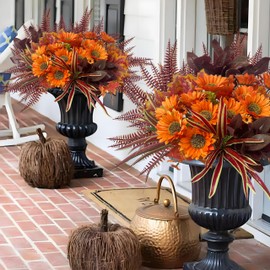 KAFDY Artificial Sunflowers Flowers Faux Fall Plants for Outdoor Planters, 12 Bundles Fake Silk Mums Greenery Look Real Realistic UV Resistant for Outside Porch Patio Autumn Decoration