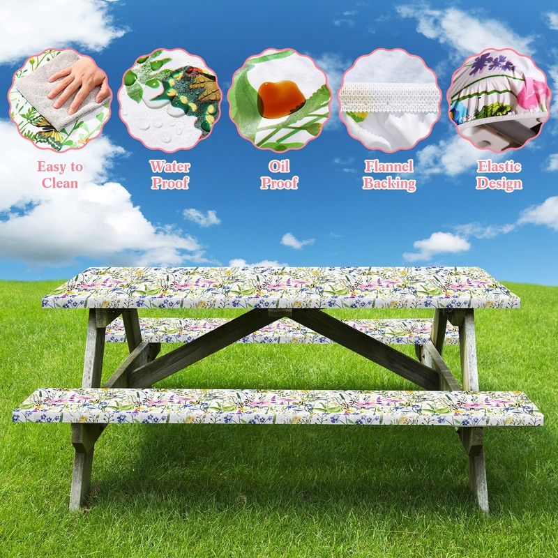 Boao 3 Pcs Vinyl Picnic Table Cover with Bench Cover