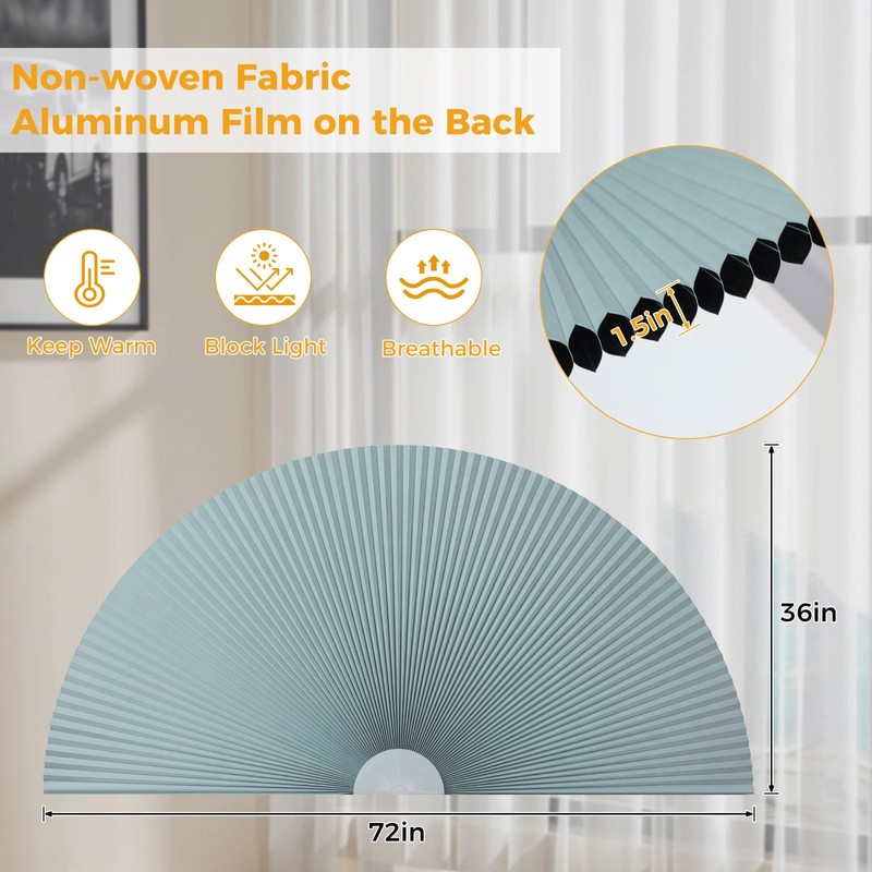 100% Light Blocking Arch Window Shades, Pleated Fabric Half Circle