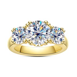Idocare Round Cut Moissanite 3 Stone Engagement Rings D Color VVS1 14K Yellow Gold Plated 925 Sterling Silver Promise Anniversary Rings for Wome