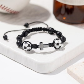 Artlunar Baseball Football Soccer Basketball Volleyball Cross Bracelet For Teen, Natural Stone Bracelet, Gifts for Boys Girls (Soccer)
