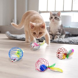 CooShou Cat Interactive Bouncy Toy Balls Set Metal Cage Balls with Mice Spring Toy Balls for Cats Kittens Colorful Cat Teaser Ball with Mouse for Indoor Cats (10 PCS)