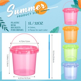 Funnymoom 16 Pack 32 oz Plastic Rum Buckets for Drinks with 100 Straws Ice Cream Cocktail Bucket with Lids and Handles for Parties Reusable Food Containers Cup for Summer Beach Bar Beer (Muticolor)