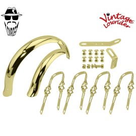 Vintage Lowrider 16" Flared Adjustable Ducktail Gold Fender Set W/Twisted Braces - Cage Twisted (Gold)