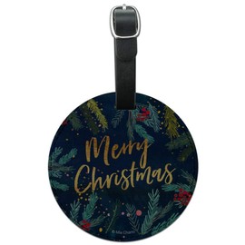 Merry Christmas Stars Pine Needles Round Leather Luggage Card Carry-On ID Tag