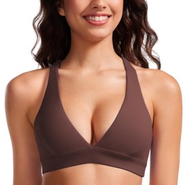 CRZ YOGA Butterluxe Deep V-Neck Sports Bras for Women - Spaghetti Strap Criss Cross Padded Top Low Coverage Wireless Yoga Taupe Small